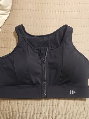 Yvette Black Front-Zip Sports Bra with Small Logo